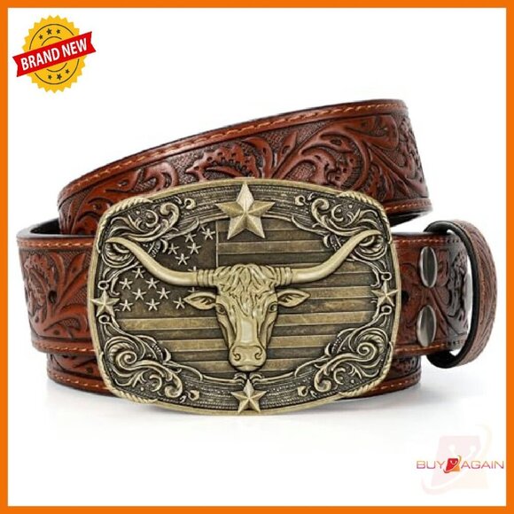 Western Cowboy Leather Belt with Bull Buckle for Jeans Size 30-44 main image 4